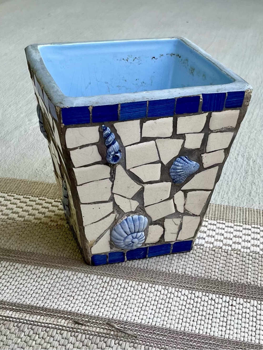 Handcrafted Concrete & Pottery Mosaic Blue/White Coastal Seashell Planter Pot